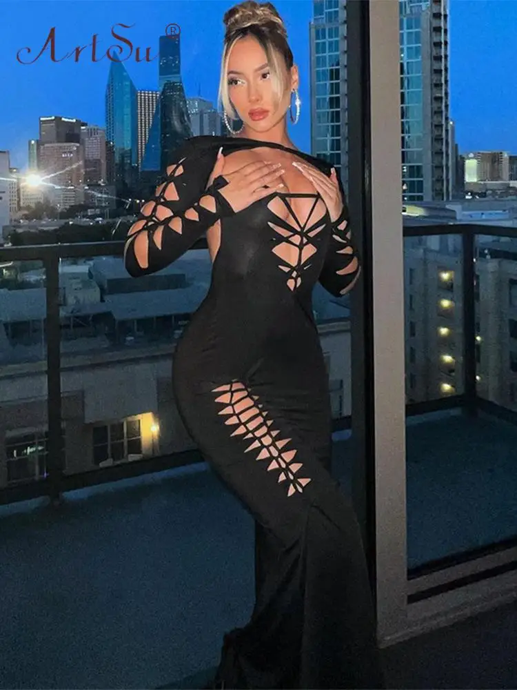 

Женское облегающее платье с открытой спиной ArtSu, Черное Платье макси с длинным рукавом для ночного клуба