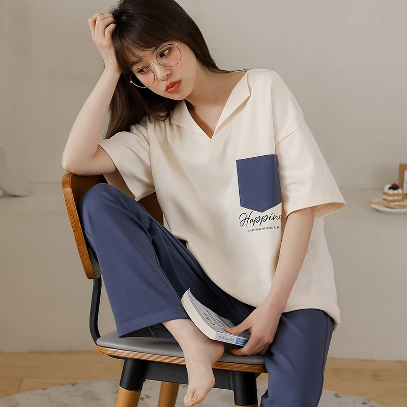 

Summer ladies pajamas cotton short-sleeved trousers solid color v-neck can be worn outside the two-piece suit