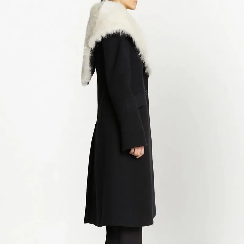 Черное шерстяное пальто для женщин большой меховой воротник тяжелый дизайн
