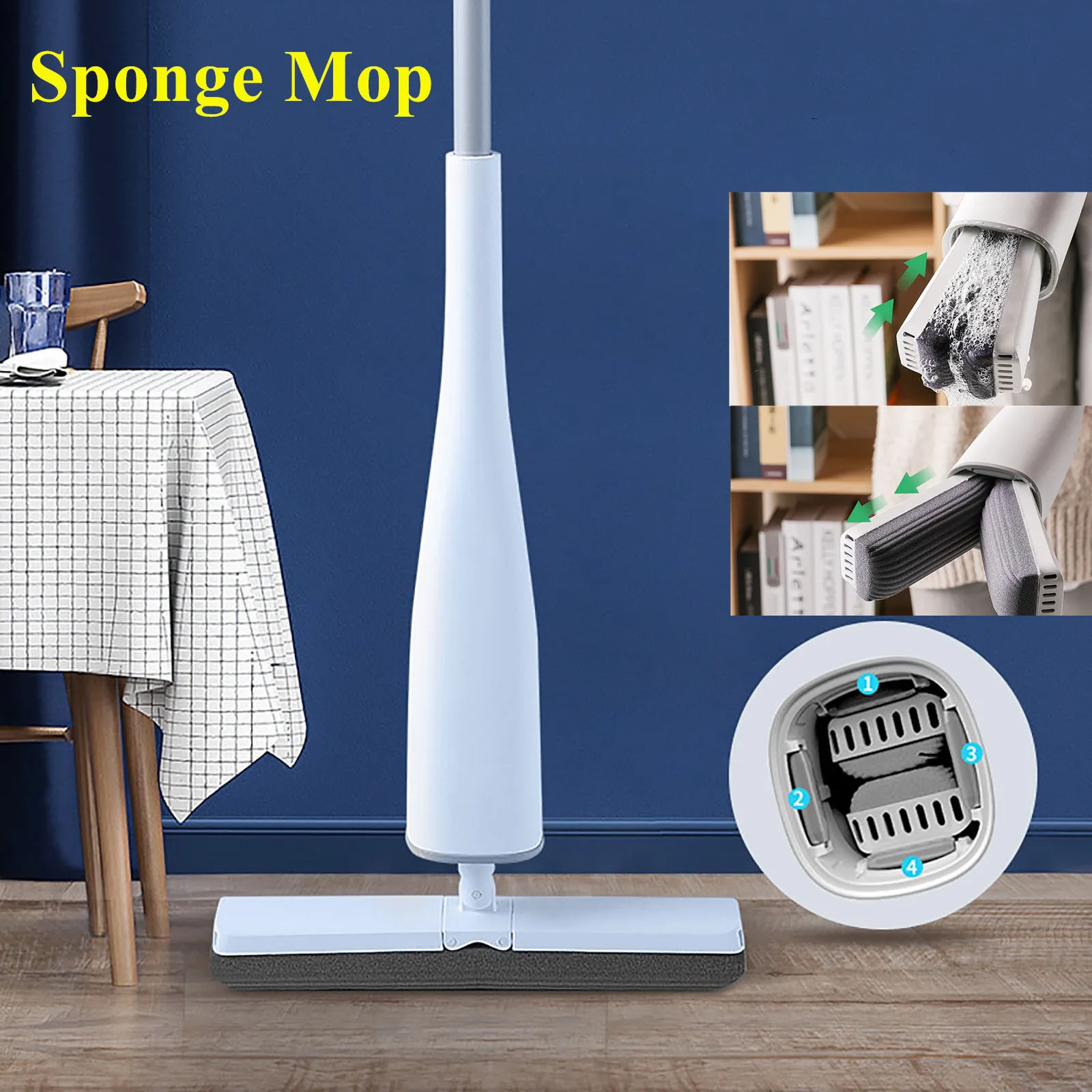 Splicing Sponge Mop with Cleaning Liquid Mop Floor Washing Mop Household Water-absorbing Glue Cotton Head Strong Decontamination