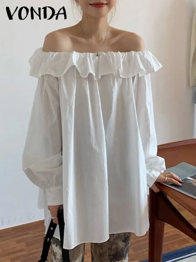 

Autumn Blouse 2021 VONDA Fashion Women Long Sleeve Split Hem Party Ruffled Shirts Solid Casual Tunic Tops Fashion Blusas