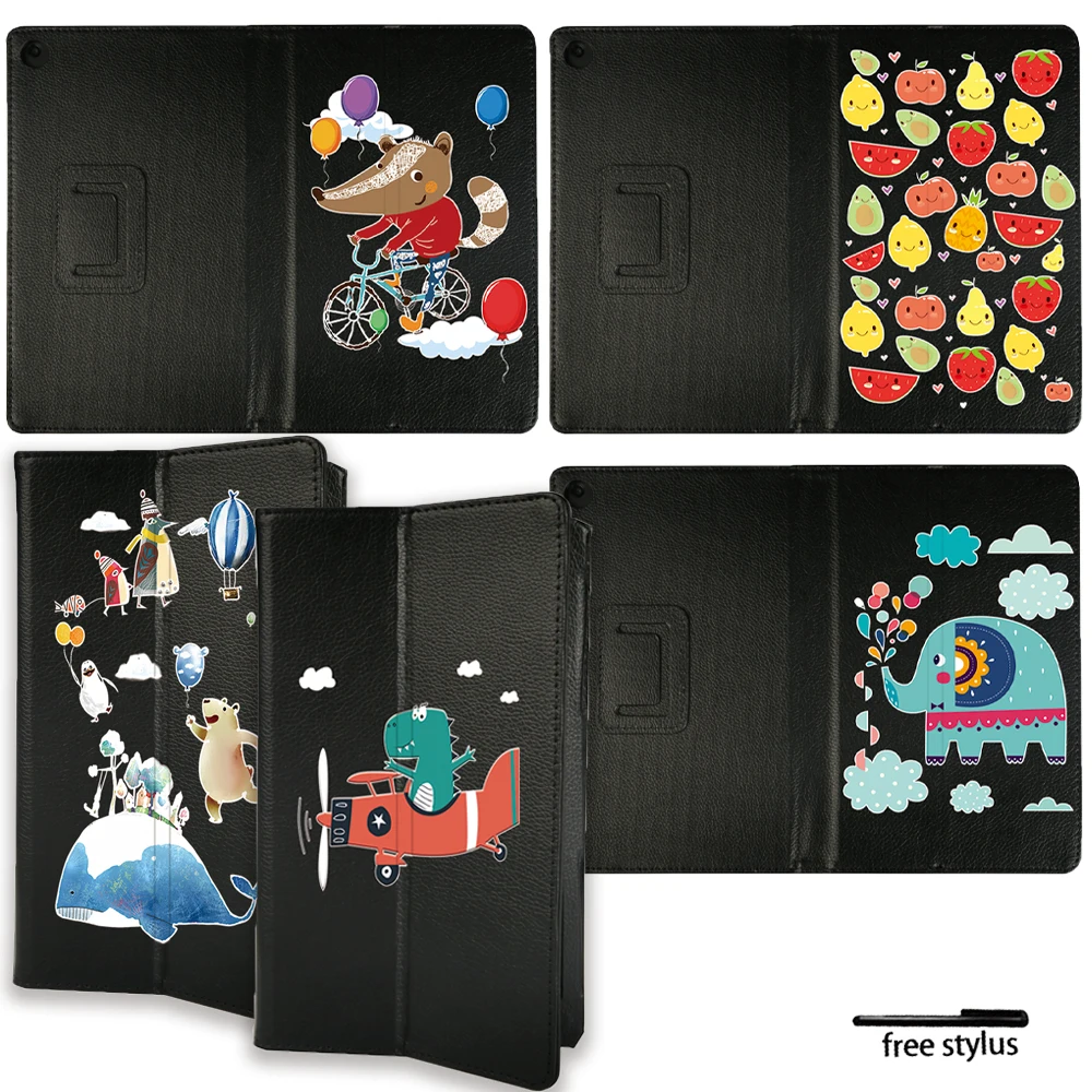 

Tablet Stand Cover Case for Fire HD 8/HD 10/Fire 7 Anti-fall PU Leather Cartoon Pattern Folio Protective Shell + Free Stylus