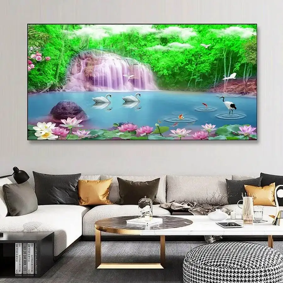 

FULLCANG Large Size Diamond Painting Scenic Waterfall Lake Swan 5D Diy Full Mosaic Embroidery Natural Scenery Picture FG2050