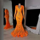 Оранжевое платье-Русалка для выпускного вечера с длинным рукавом и V-образным вырезом, сексуальные африканские черные платья с блестками для выпускного вечера для девушек, стандартное вечернее коктейльное Вечерние