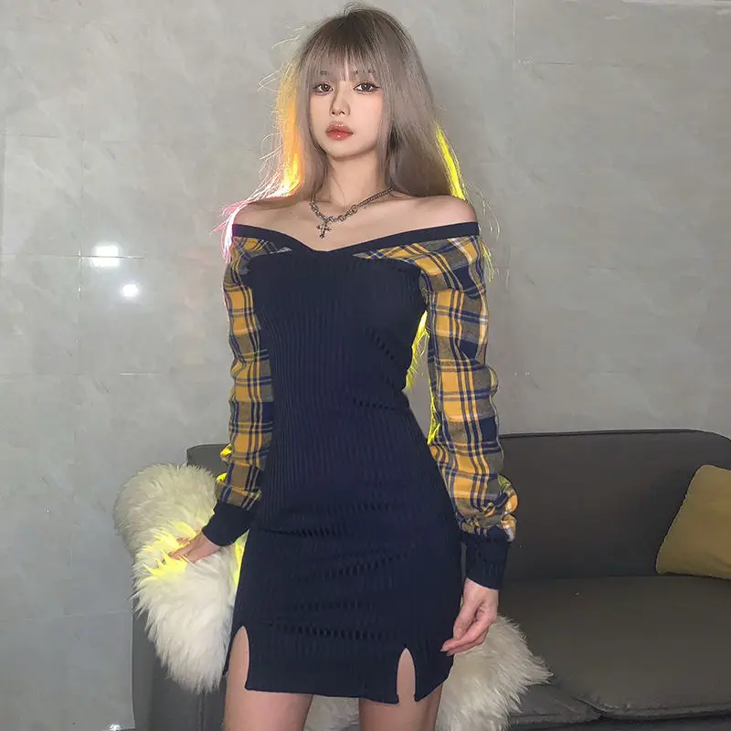 

Женское клетчатое платье STSVZORR Y2K, с длинным рукавом и одним плечом