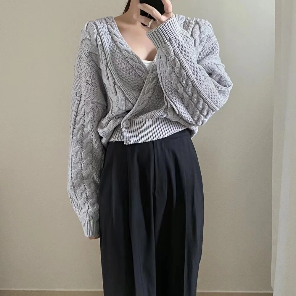 Однотонный повседневный винтажный вязаный кардиган на одной пуговице пальто