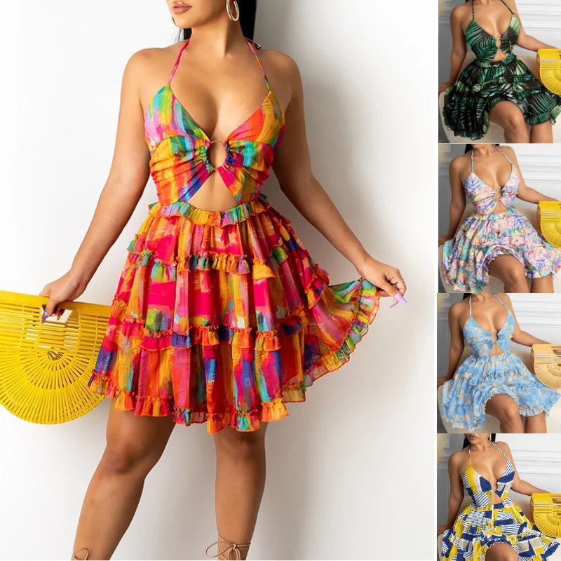 

Sexy Dress 2022 Front Hollow Out Green Summer Dress Sleeveless Halter Lace Up A-line Beach Women's Dress Mini Dress Vestido
