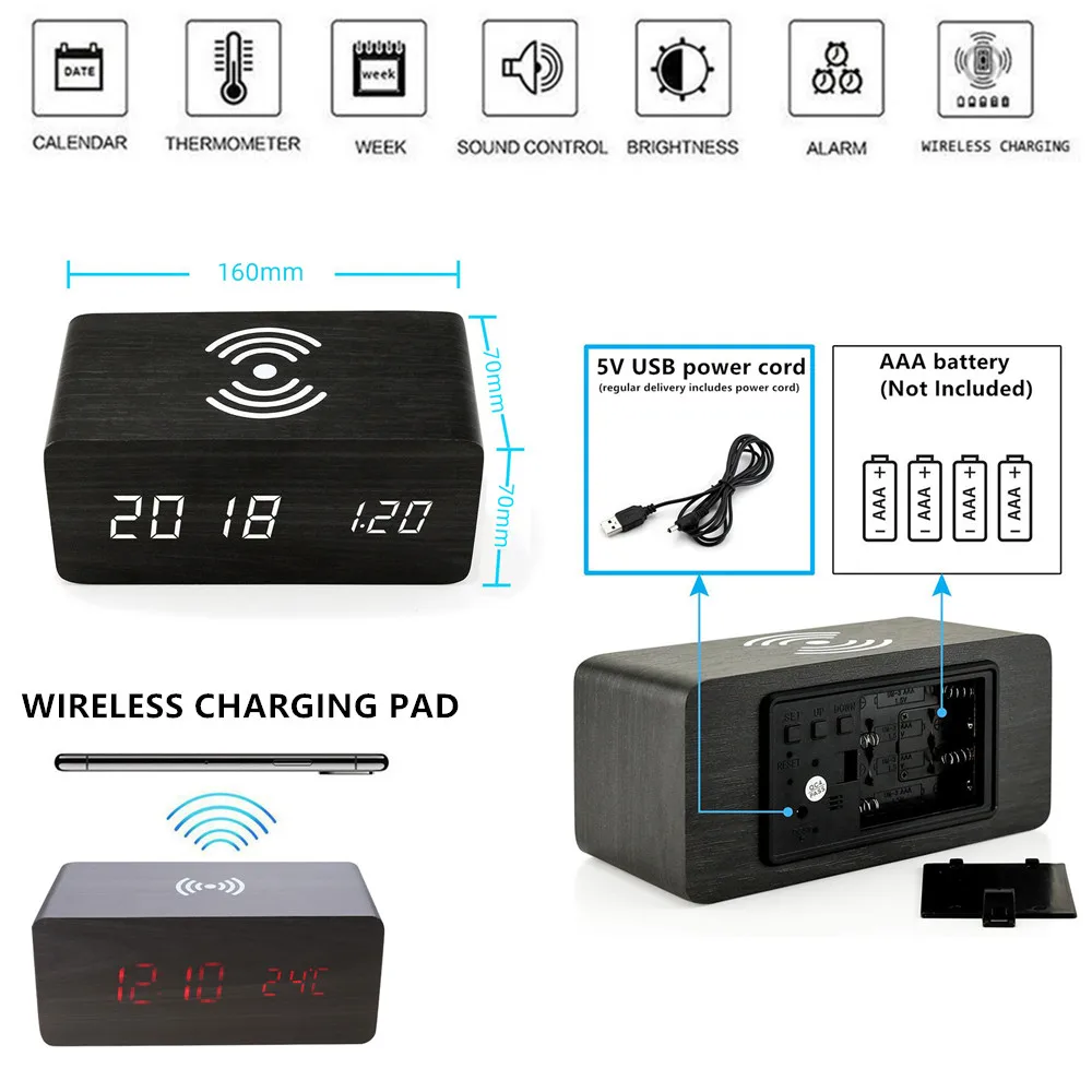 Цена Настольные часы с светодиодный дисплеем, деревянные, с термометром и влажностью, беспроводные, с зарядкой USB/AAA