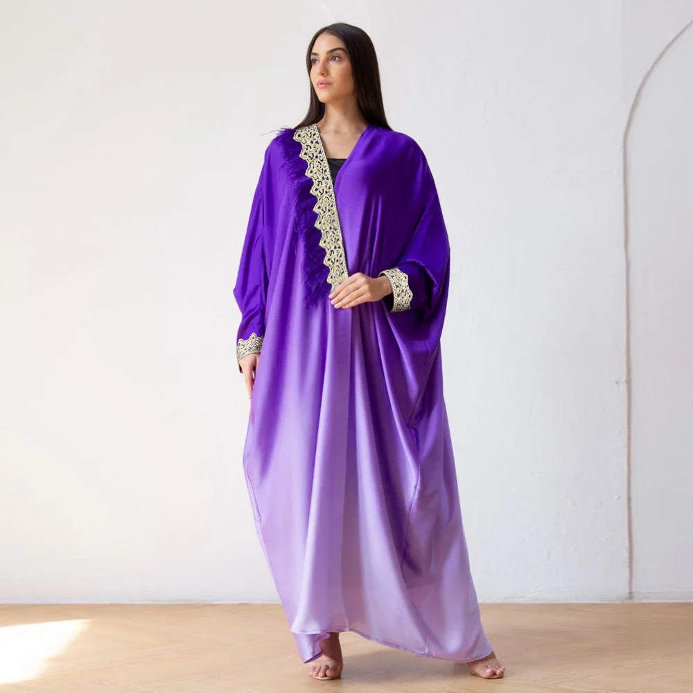 

Muslim Dress Women 2022 New Summer Middle East Dubai Fashion Feather Characteristic Ribbon Bat Sleeve Fade Dress Robe Muslim
