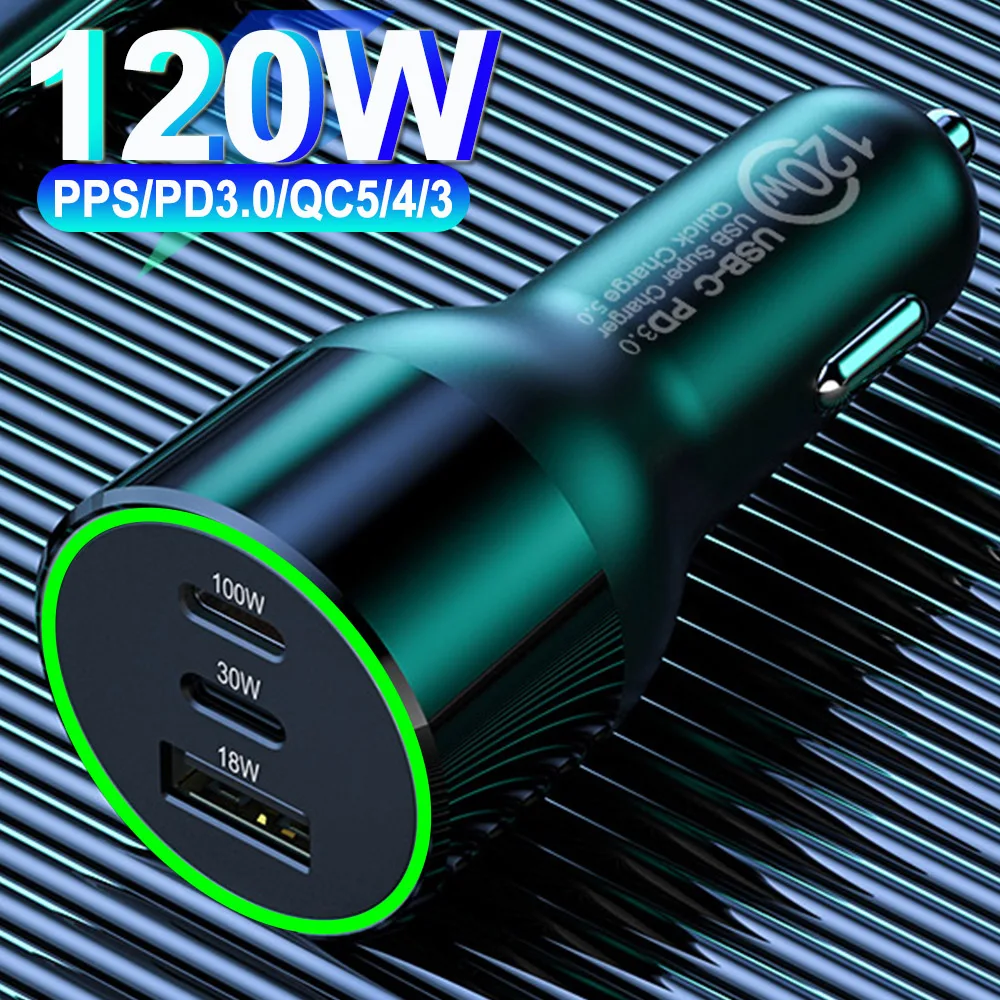 pd car charger 120w 3 port usb c fast charge pd 100w pps 45w 30w qc3 0 for macbook type c laptop iphone 13 samsung xiaomi phone free global shipping