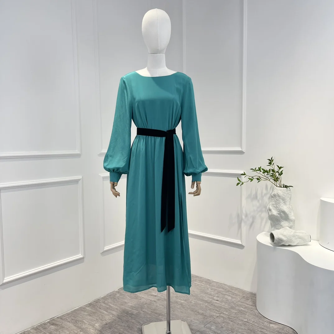 

2022 New Autumn Winter High Quality Elegant Pure Silk Lantern Sleeve Lace-up Women Dresses Daily Wearing