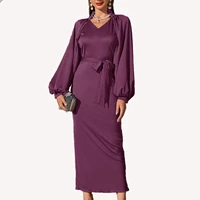 sexy purple long dress v neck belt high quality solid color evening dresses long dresses for muslim women