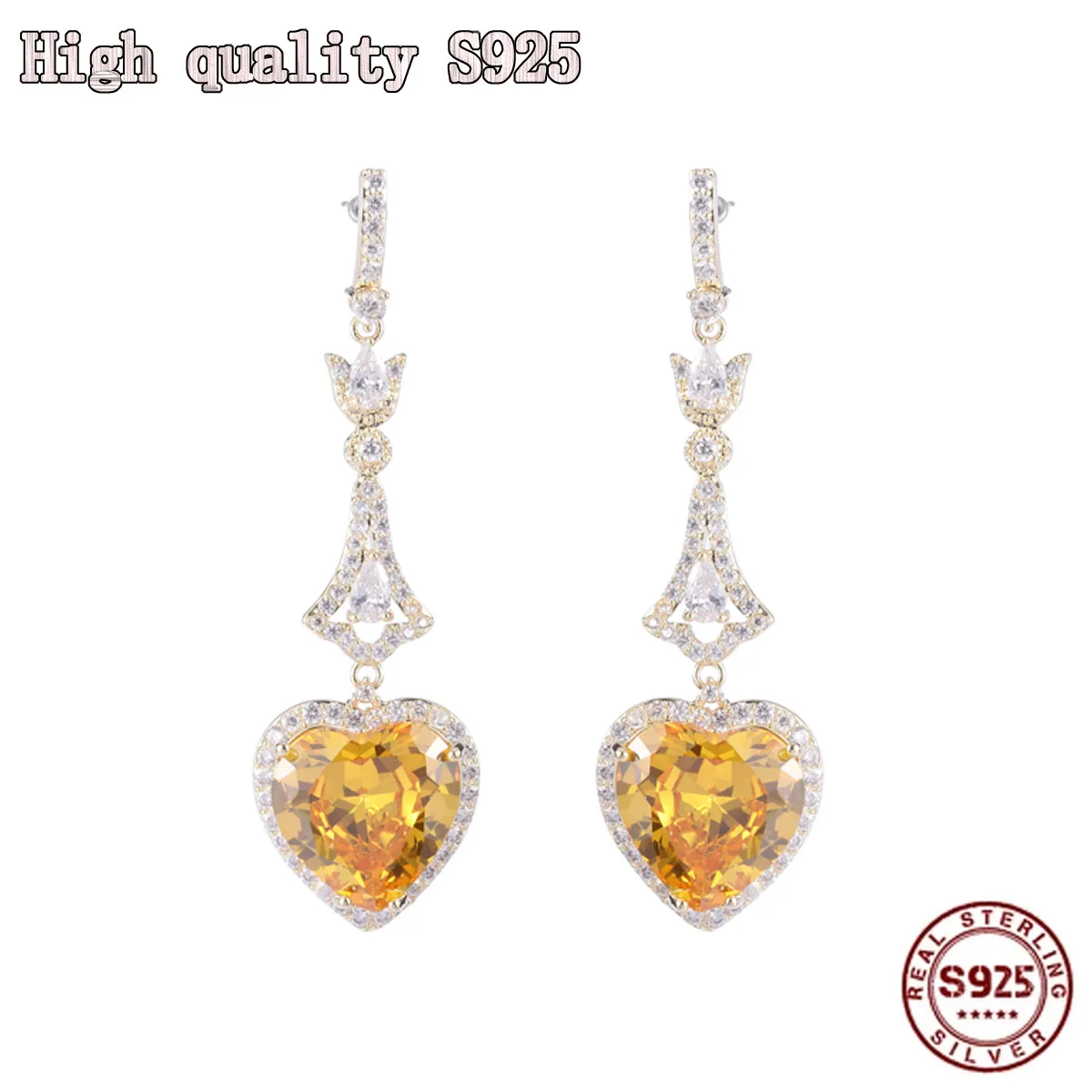 

High Quality Heart-shaped Yellow Crystal Zircon S925 Silver Needle Personalized Luxury Peach Heart Women's Earrings