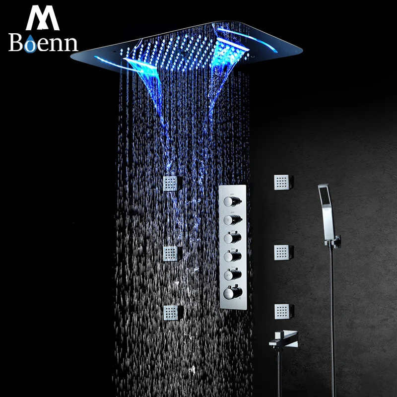 

M Boenn Rain Shower Set System Thermostatic Mixer Concealed Diverter Bathroom Faucets Bath Taps Embedded Ceiling LED Shower Head