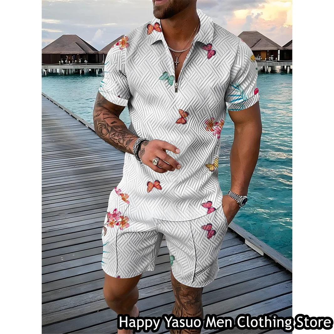 Summer Men Fashion Polo Shirt Set Coconut Print Tracksuit 2 Pieces Casual Outfit Male Suit Retro Style Clothing Streetwear