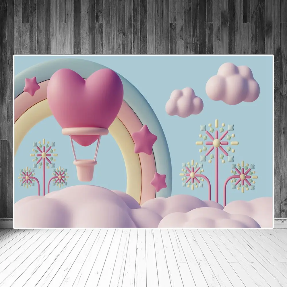 

Love Hot Air Balloon Photography Backdrops Party Decoration Stars Rainbow Clouds Custom Baby Photocall Backgrounds Studio Props
