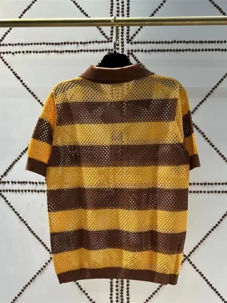 

2022 New Ladies Striped Hollow Out T-shirt Sweater Women Turn-down Collar Short Sleeve Simple Top Loose Casual Summer Tees