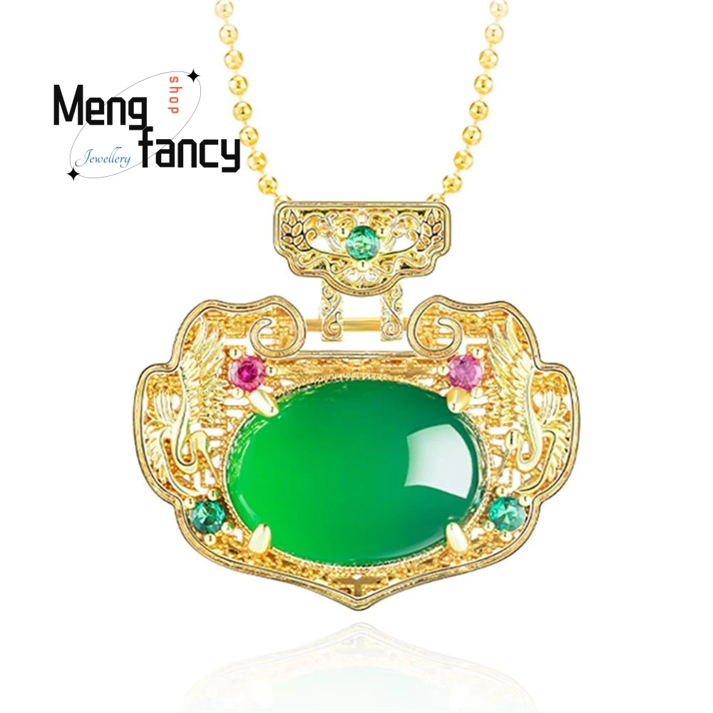 Подлинный натуральный зеленый агат халцедон Ruyi замок Медный позолоченный кулон