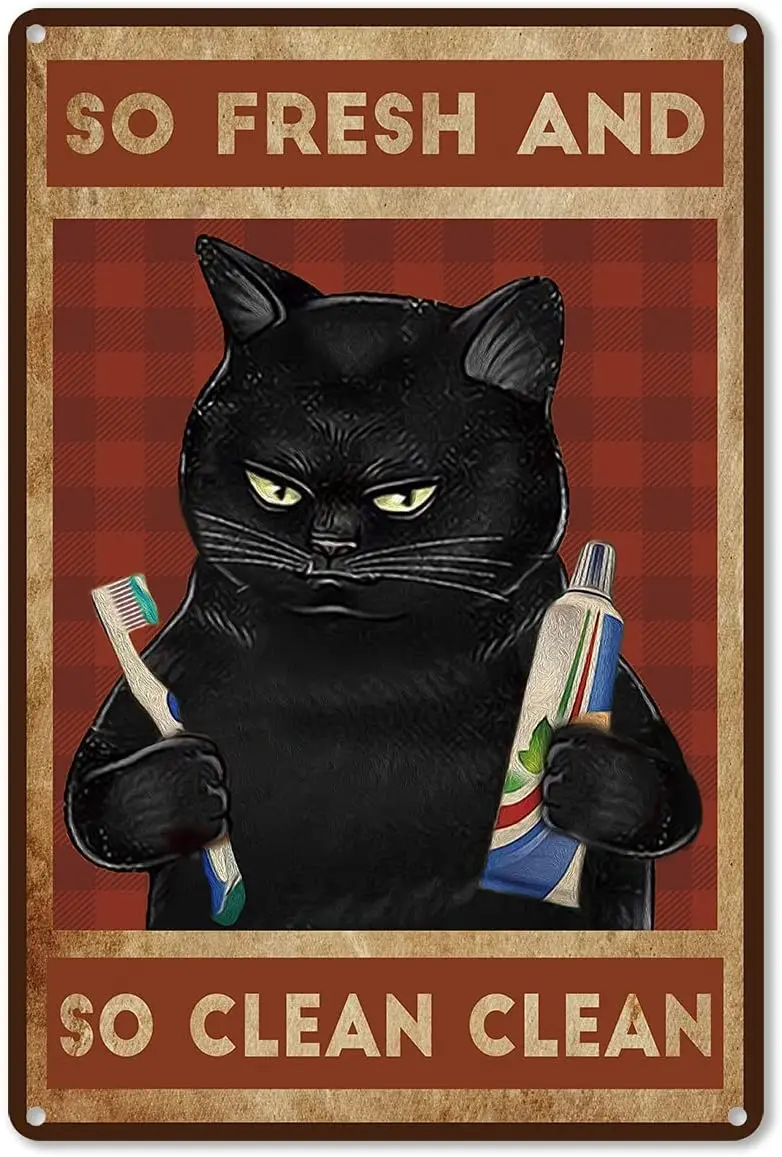 

ForbiddenPaper Funny Bathroom Quote Cat Metal Tin Sign Wall Decor - Vintage So Fresh So Clean Tin Sign for Toilet Bathroom WC
