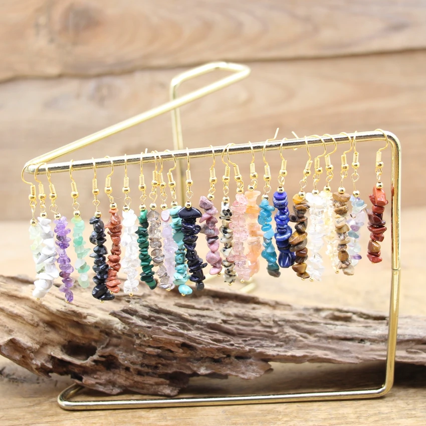 

Bohemia Natural Stone Chip Drop Earring Raw Crystal Amethysts Gravel Tassel Charm Dangle Reiki Hook Eardrop Women Jewelry QC7027