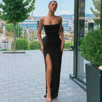2022 summer thin shoulder sling womens long dress skinny satin open back split black sexy slit elegant dress party club