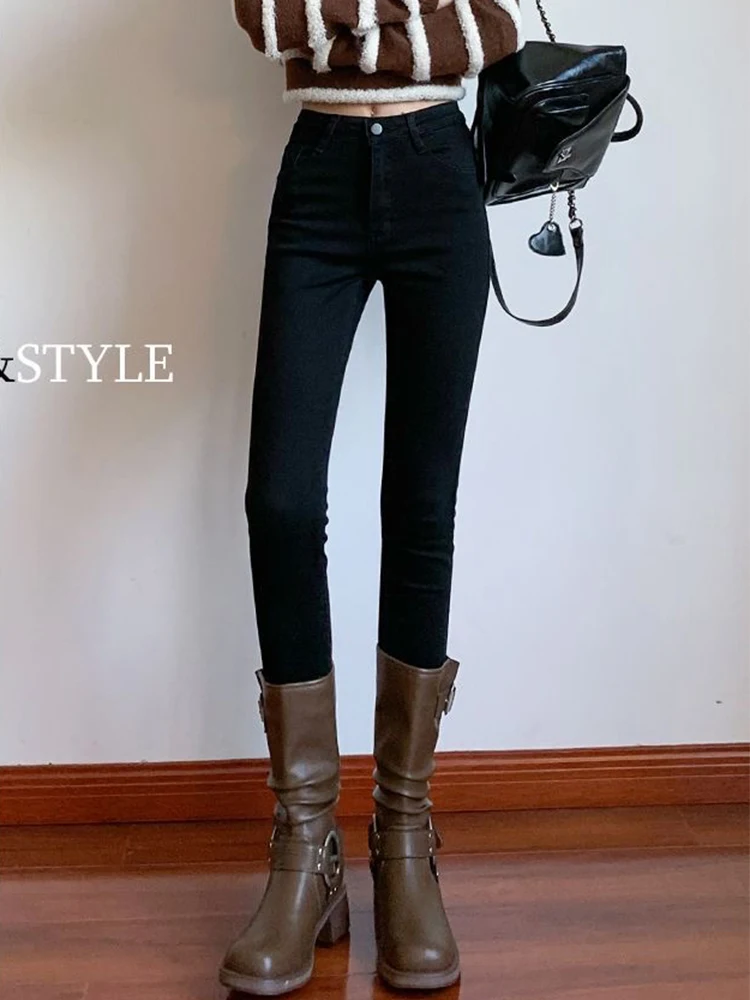 Зимние черные джинсы-карандаш длиной до щиколотки узкие плюшевые бархатные