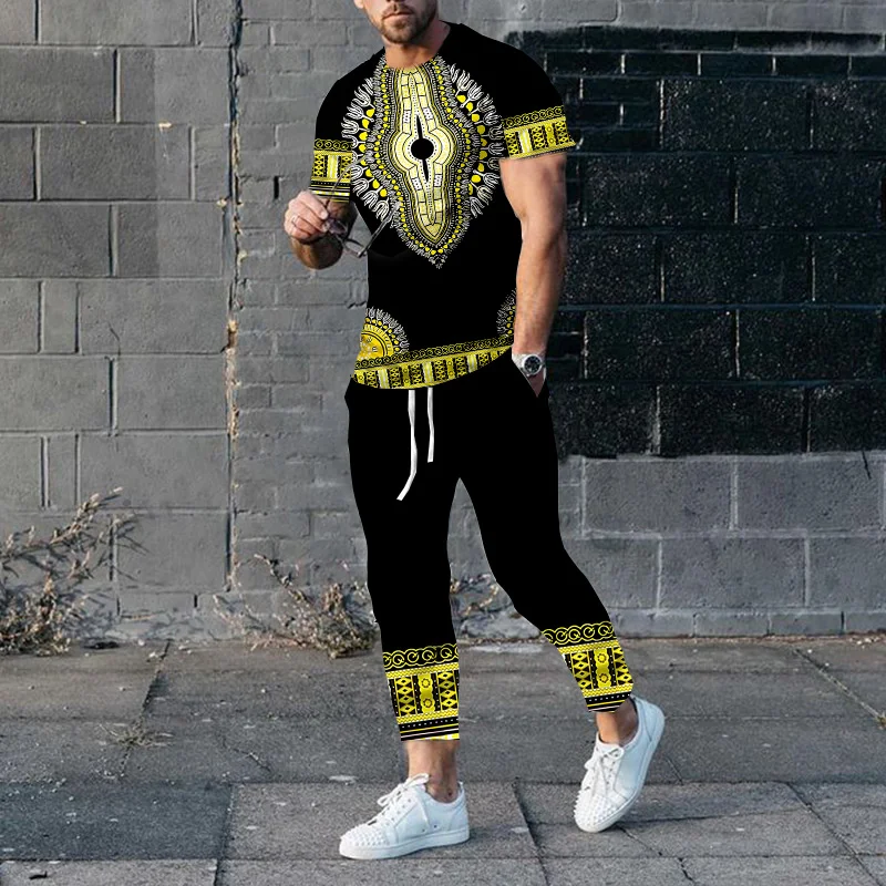 Men Suits 3D Print African totem Sportwear Suit Short Sleeve TShirt Long Pants Man 2 Piece Sets Men Tracksuit Oversized Clothes