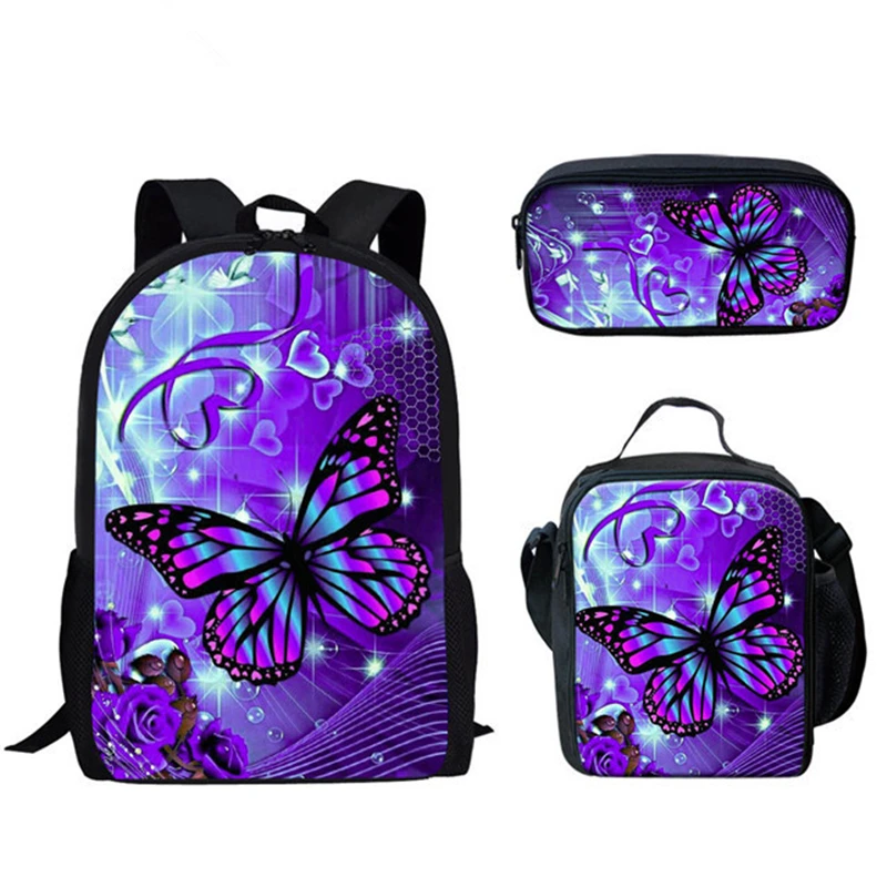 

Hip Hop Harajuku Funny Butterfly Pattern 3pcs/Set Backpack 3D Print Student Bookbag Travel Laptop Daypack Lunch Bags Pencil Case