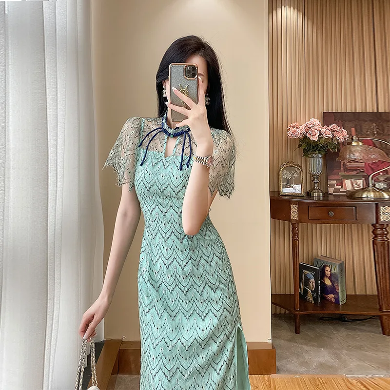2023 Summer Vintage Green Chinese Party Lady Qipao Lace Dresses