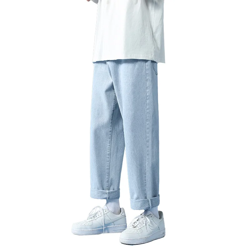 Streetwear Jeans Men's Fashion Solid Color Denim Straight-Leg Pants Trousers Summer Casual Loose Button Mid Waist Wide Leg Jeans