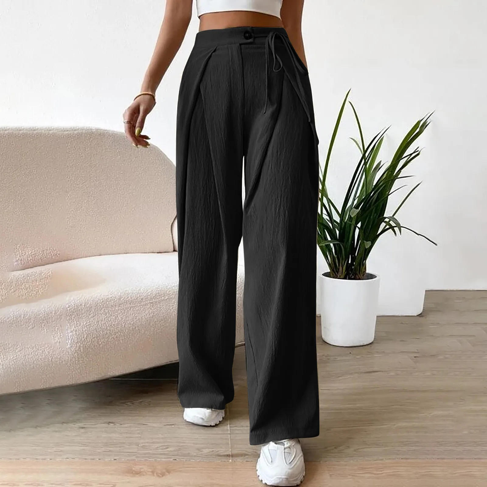 

High Waisted Women's Button Up Straight Leg Pants women Casual Solid Color Wide Leg Pants female comfort breathable lace-up pant