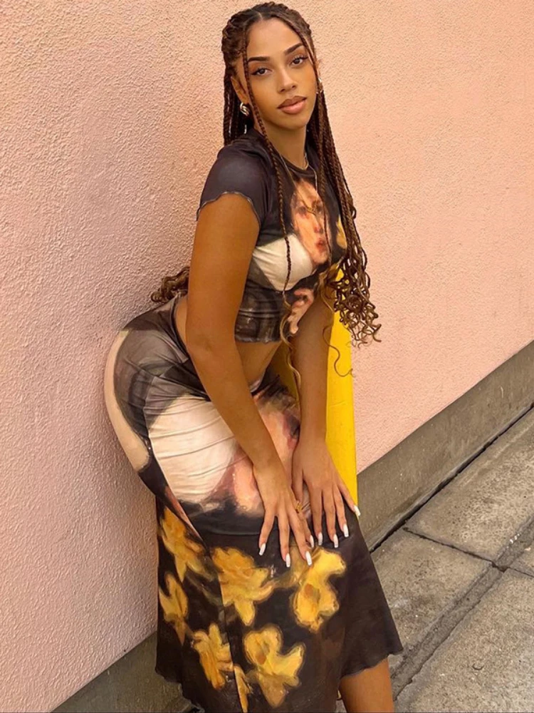 

XIZOU Casual Two Piece Set Womens Outfits Printed Round Neck Short Sleeve Crop Top + Long Skirt Female Party Club Matching Sets