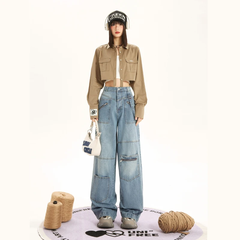 UNIFREE Pocket Panels Women's Jeans Vintage Wash High Waist Women's Cargo Pants High Street y2k Baggy Jeans for Women