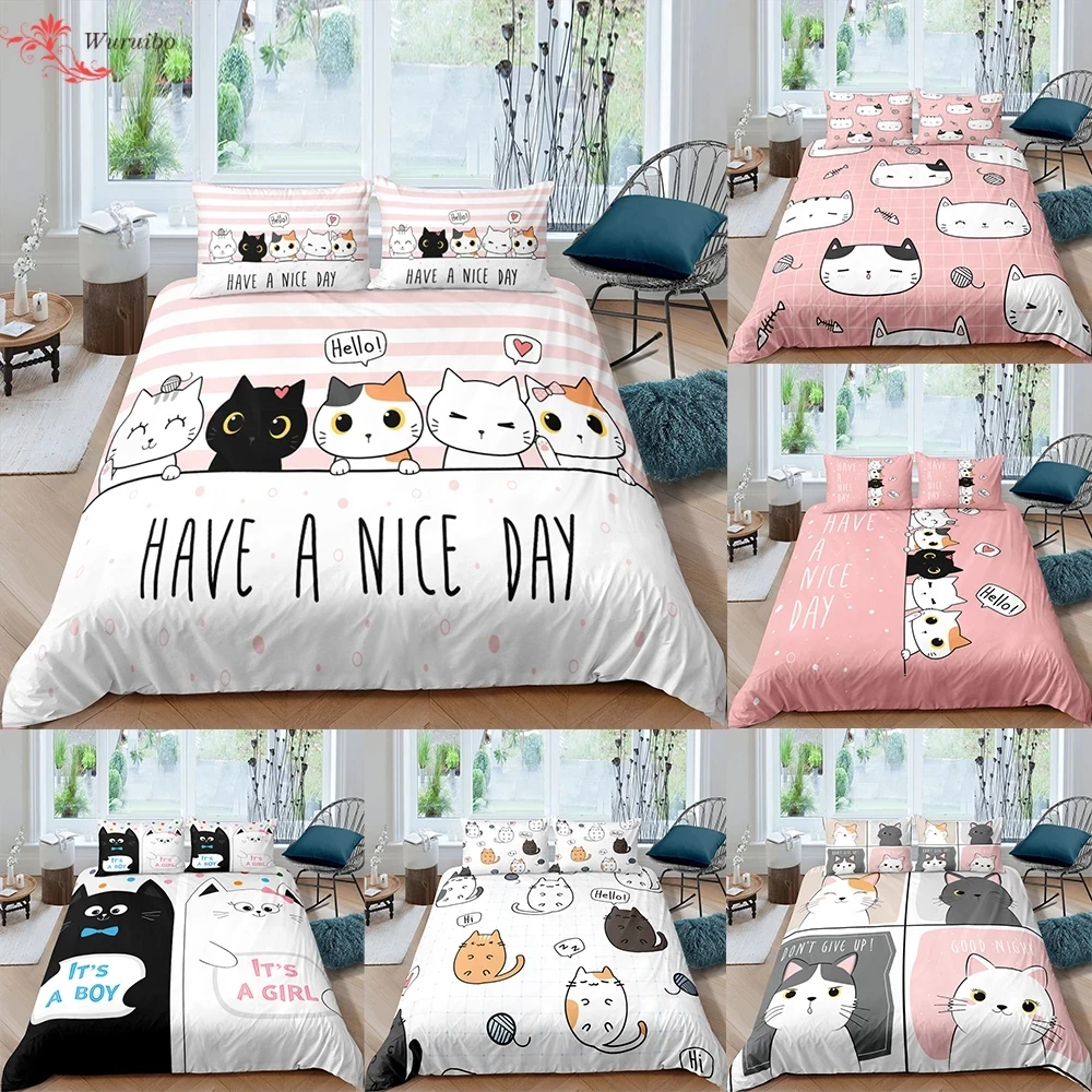 

Комплект постельного белья с милыми животными кошками, пододеяльник с мультяшным принтом котенка, наволочка, комплект для девочки, двойное ...