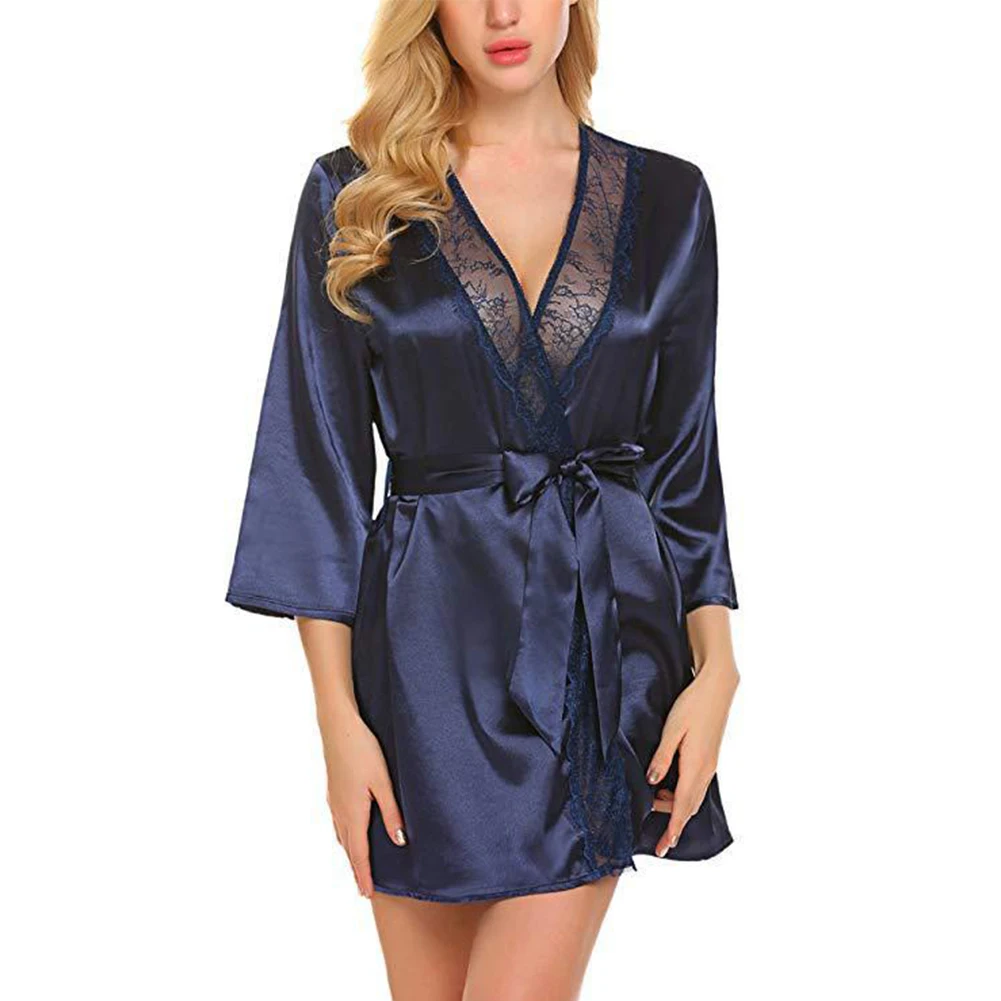 

Women Satin Robes Summer Wrap Dressing Oil Shiny Smoothsleepwear Bathrobe Nightgown Pajamas V Neck Loose Lingerie Solid Dress