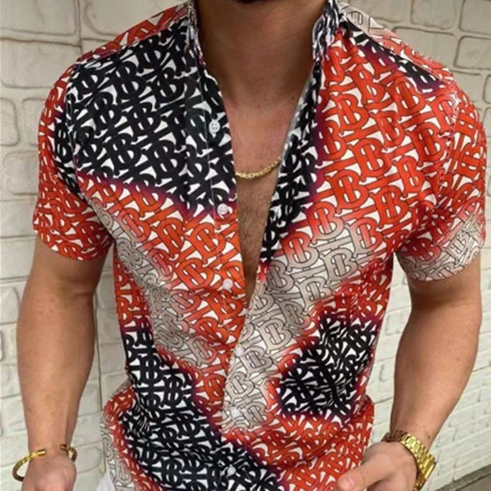 Men's European Size Printed Short Sleeve Shirt Cardigan