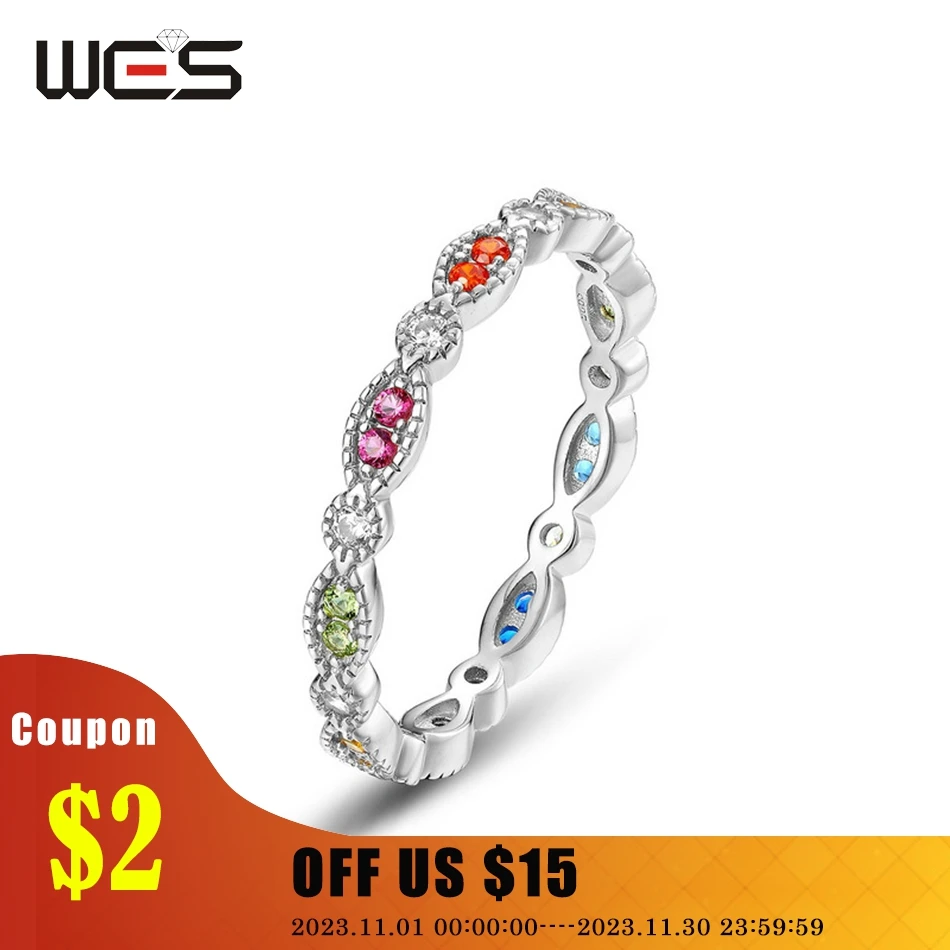 

WES 925 Sterling Silver Rings for Women Rainbow Crystal Colorful Zicron 1.5*1.5mm Engagement Birthday Gift Fine Jewelry Elegant