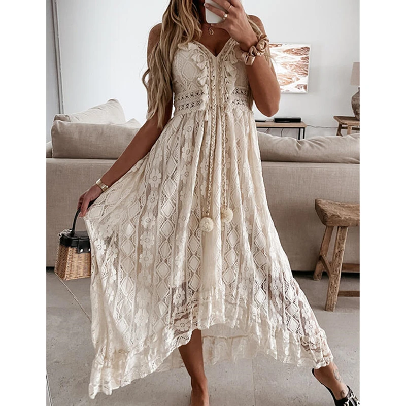 

Musuos Summer Party Beach Long Dress Ladies Lace Floral Hollow Out Sling Strap V Neck Backelss Ruffle Irregular Vestidos Holiday