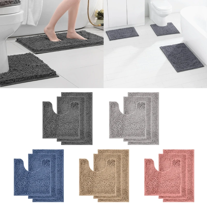 

Set of 3 Bathroom Rugs Chenille Bath Mat Nonslip Toilet Mats Super Absorbent U-Shaped Foot Pad Carpets Machine Wash