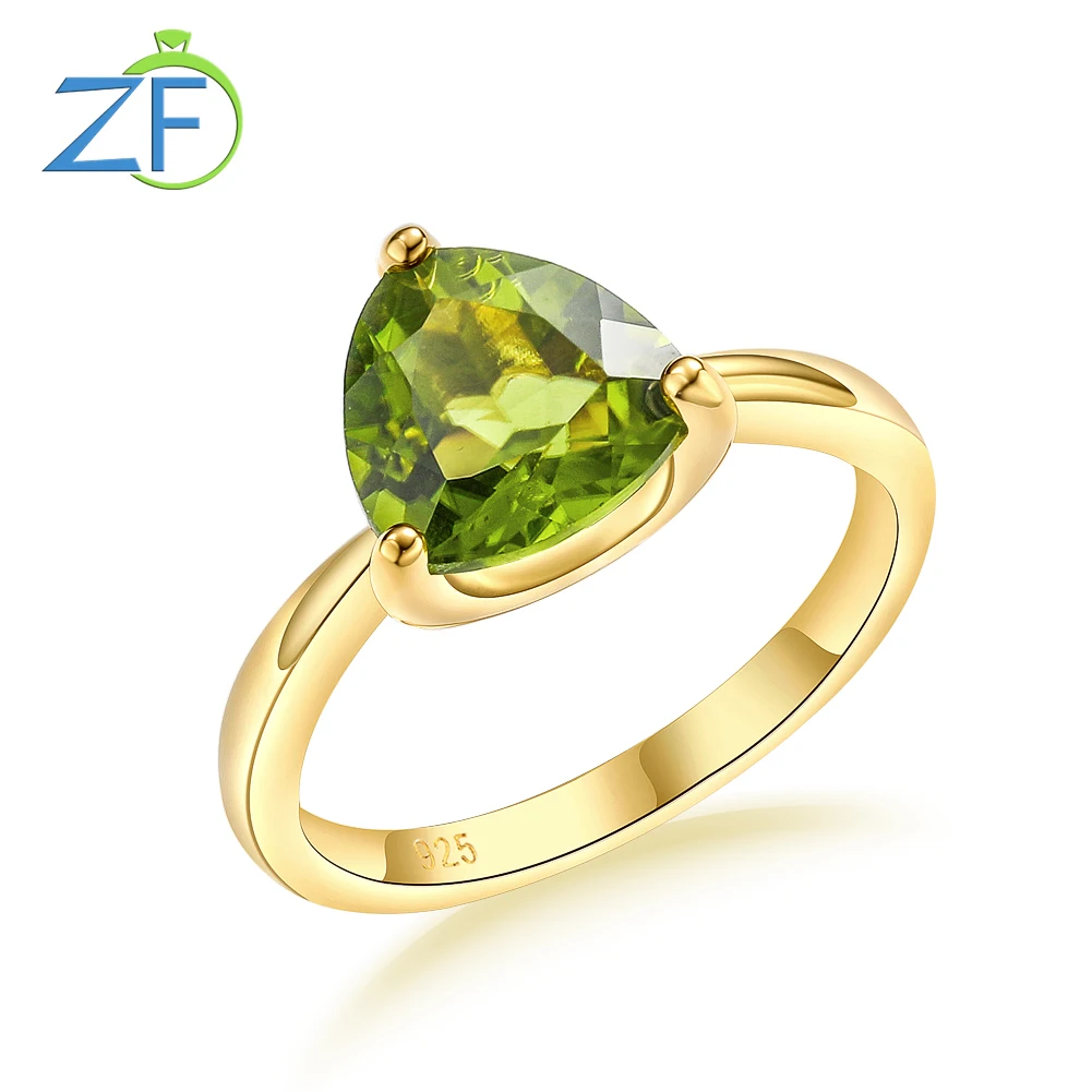 

GZ ZONGFA Authentic 925 Sterling Silve Ring for Women Natural Peridot Gems 3Carats 14K Gold Plated Triangle Design Fine Jewelry