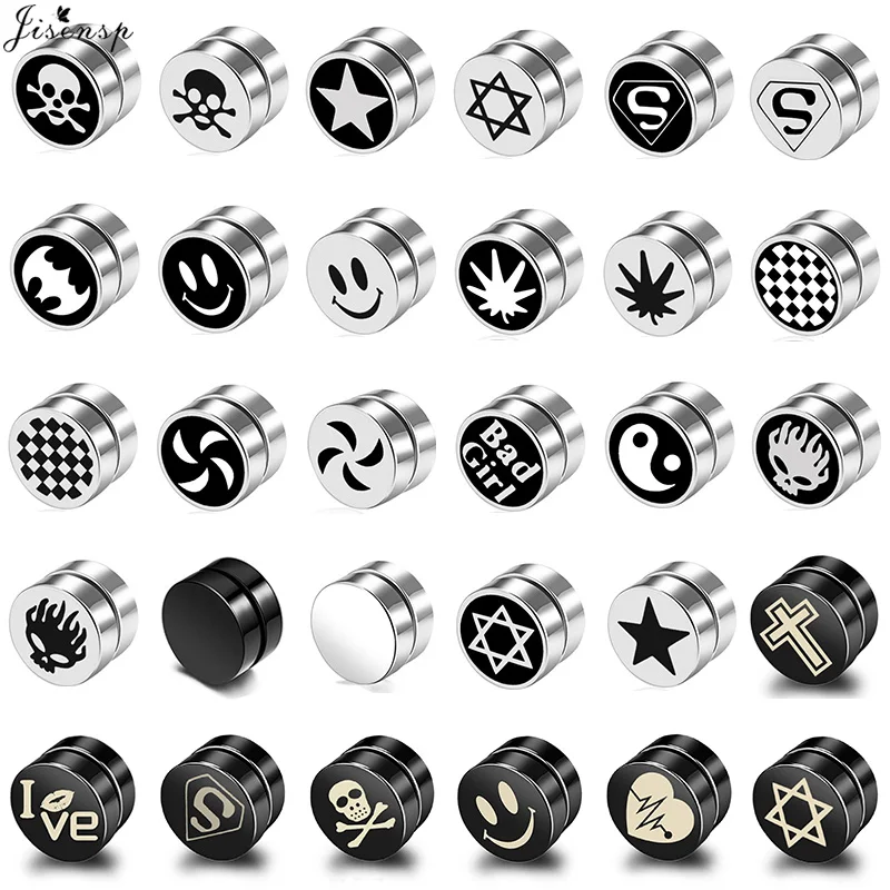 Gothic Punk Mens Strong Magnet Magnetic Earrings Stainless Steel Non Piercing Ear Studs Fake Earring for Boyfriend Lover Jewelry