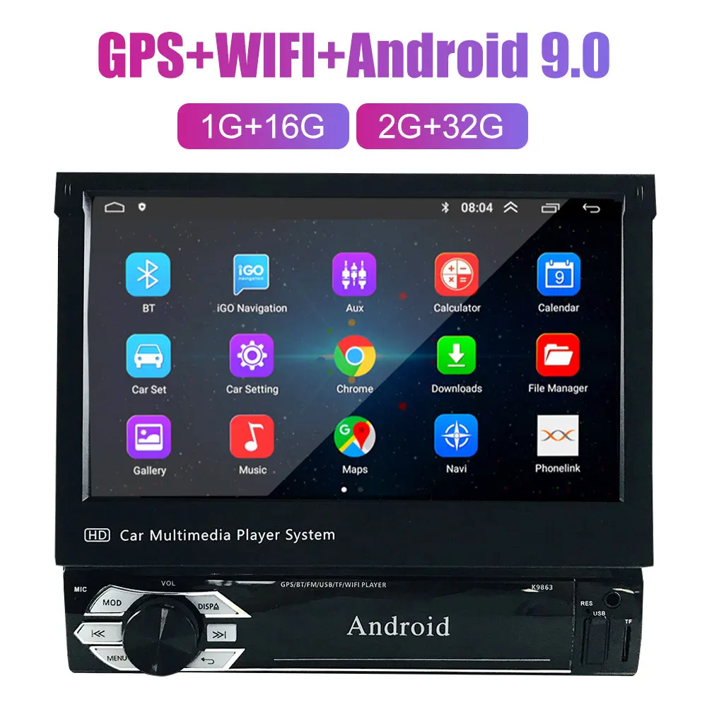 

Bluetooth-Compatible FM GPS 1 Din Touch Screen Car Radio Multimedia Player Automatic Telescopic 7 Inch Android 9.0