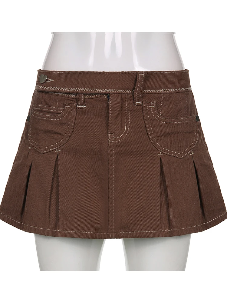 Retro Pleated Mini Denim Skirt Women High Waist A Line Brown Micro Skirt Femme Girls Hot Jeans Skirts Grunge Bottom Iamhotty