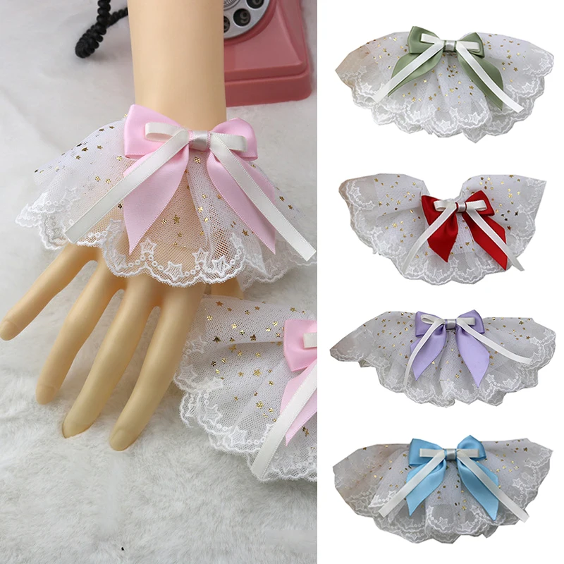 

Japanese Lolita Hand Sleeve Wrist Cuffs Sweet Ruffled Lace Multicolor Bowknot Maid Cosplay Bracelet for Wedding Party