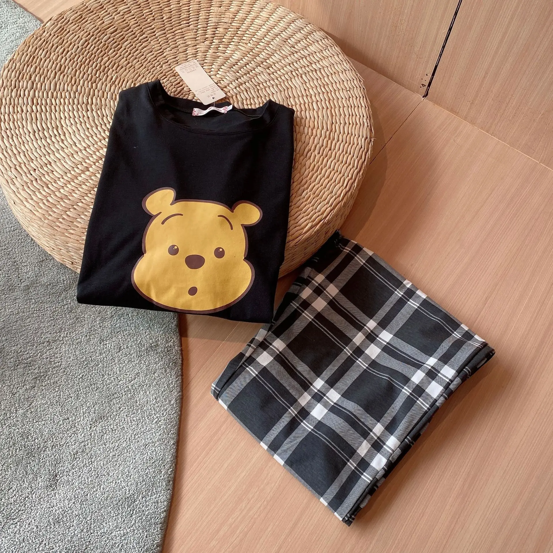 Spring New Pijamas Cartoon Tops with Pants Plaid Fashion Pajama for Women Ladies Japan Style Homesuits Round Neck Anime Pyjama