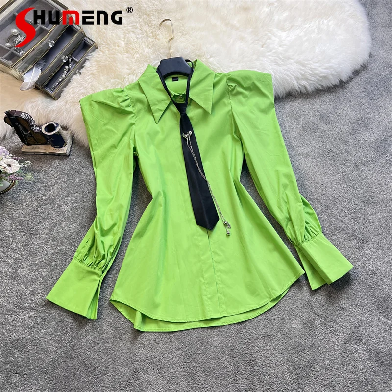 

Korean Style 2022 Spring New Female Fashion Solid Color Shirt Women Sweet Stand Collar Tie Puff Sleeve Shirt Elegant Simple Top