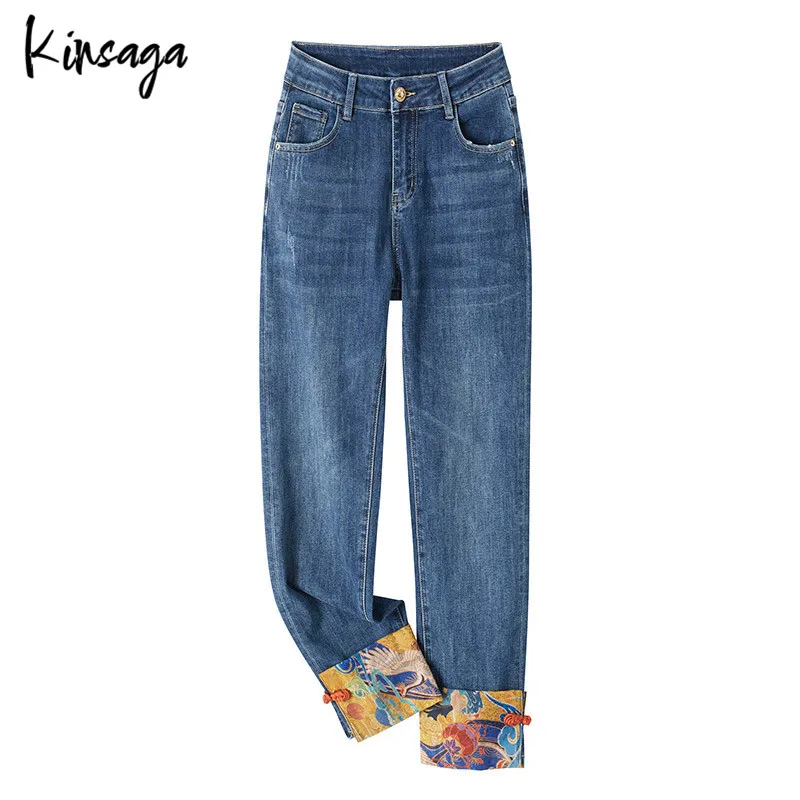 

Китайские джинсы 9/10, женские классические высокоцветные прямые джинсовые брюки с блокировкой в национальном стиле, женские Капри по щиколотку в эстетике