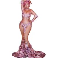 sexy nude female pink floral shining rhinestones dress rave drag queen wear stage singer performance costumes party cloth