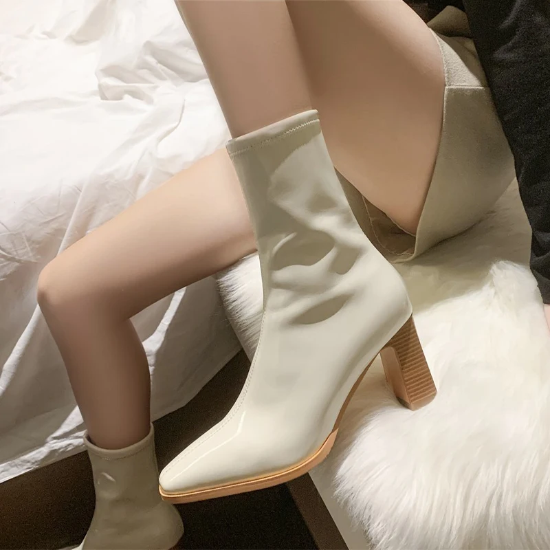 

Women High Heels Chelsea High Boots 2022 Winter New Motocycle Mid Calf Boots Fashion Chunky Pumps Casual Shoes PU Leather Botas