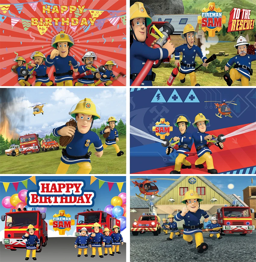 

Kids 1st Birthday Background for Photography Studio Vinyl Banner Fireman Sam Theme Photo Backdrop Cake Table Decoration